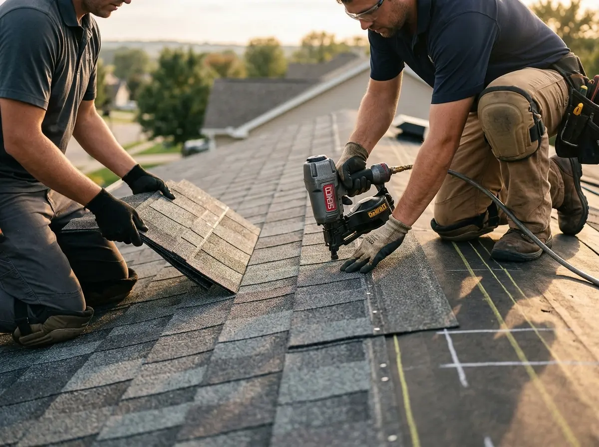 Professional roofer working on a residential roof in Guadalupe